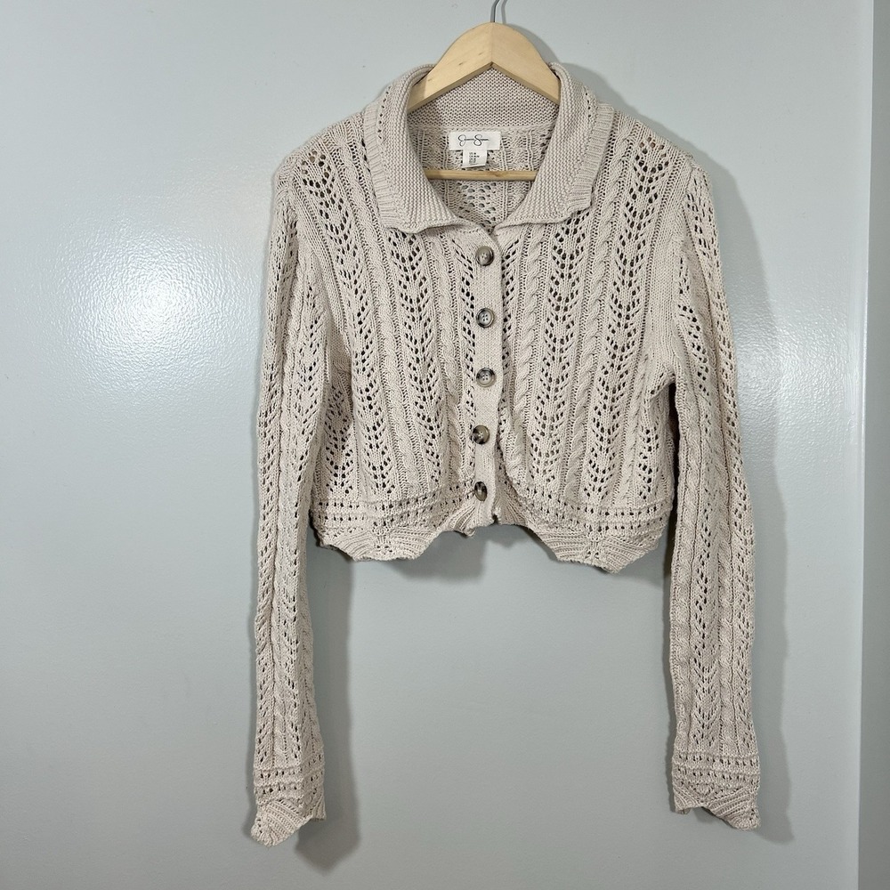 Jessica Simpson Cream Tan Crochet Knit Boho Button Front Crop Cardigan Medium